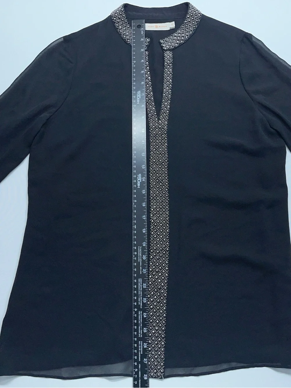 Tory Burch Silk Blouse Womens Size 10 Black Embellished Long Sleeve Front Lined